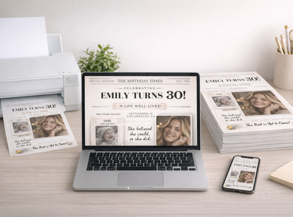 Personaalne sünnipäeva ajalehe kujundus arvutiekraanil ja prindituna laual