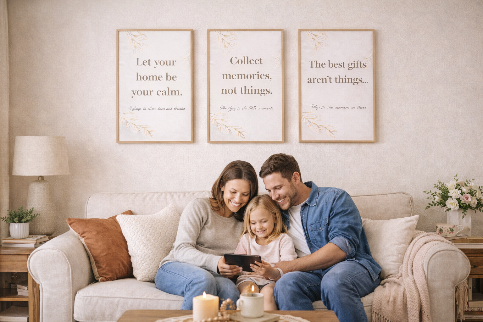 Elutuba, raamitud minimalistlikud prinditavad seinapildid