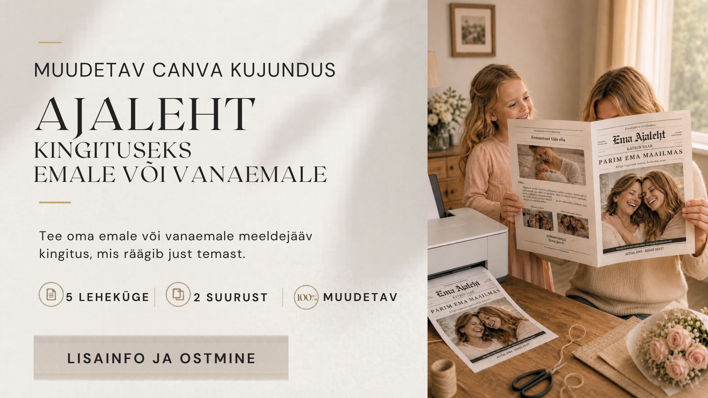Emadepäeva ajalehe Canva kujundus – personaalne kingitus emale või vanaemale