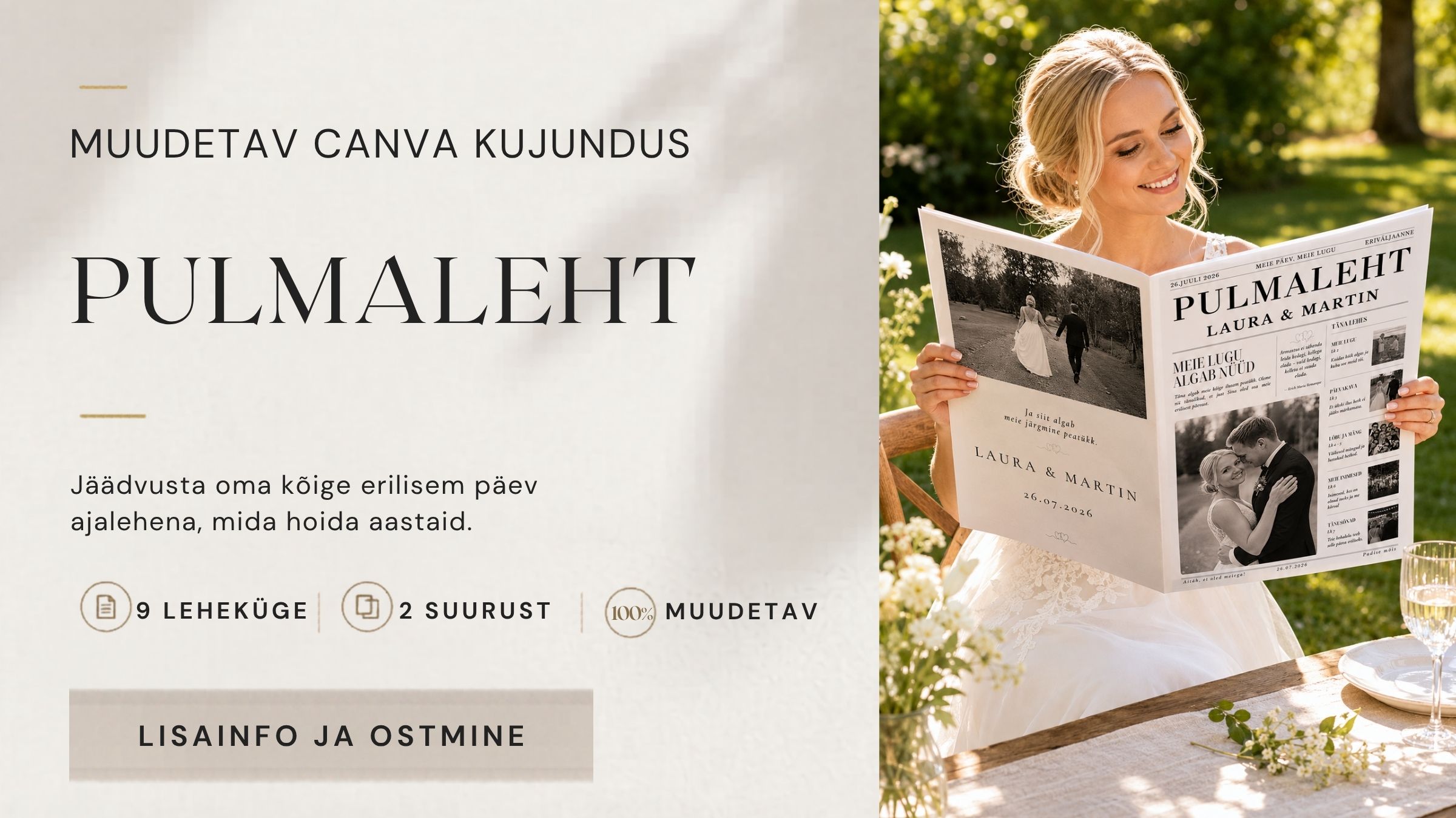 Pulmalehe Canva kujundus – muudetav pulmaajaleht pruutpaarile, digitaalne allalaaditav kujunduspõhi