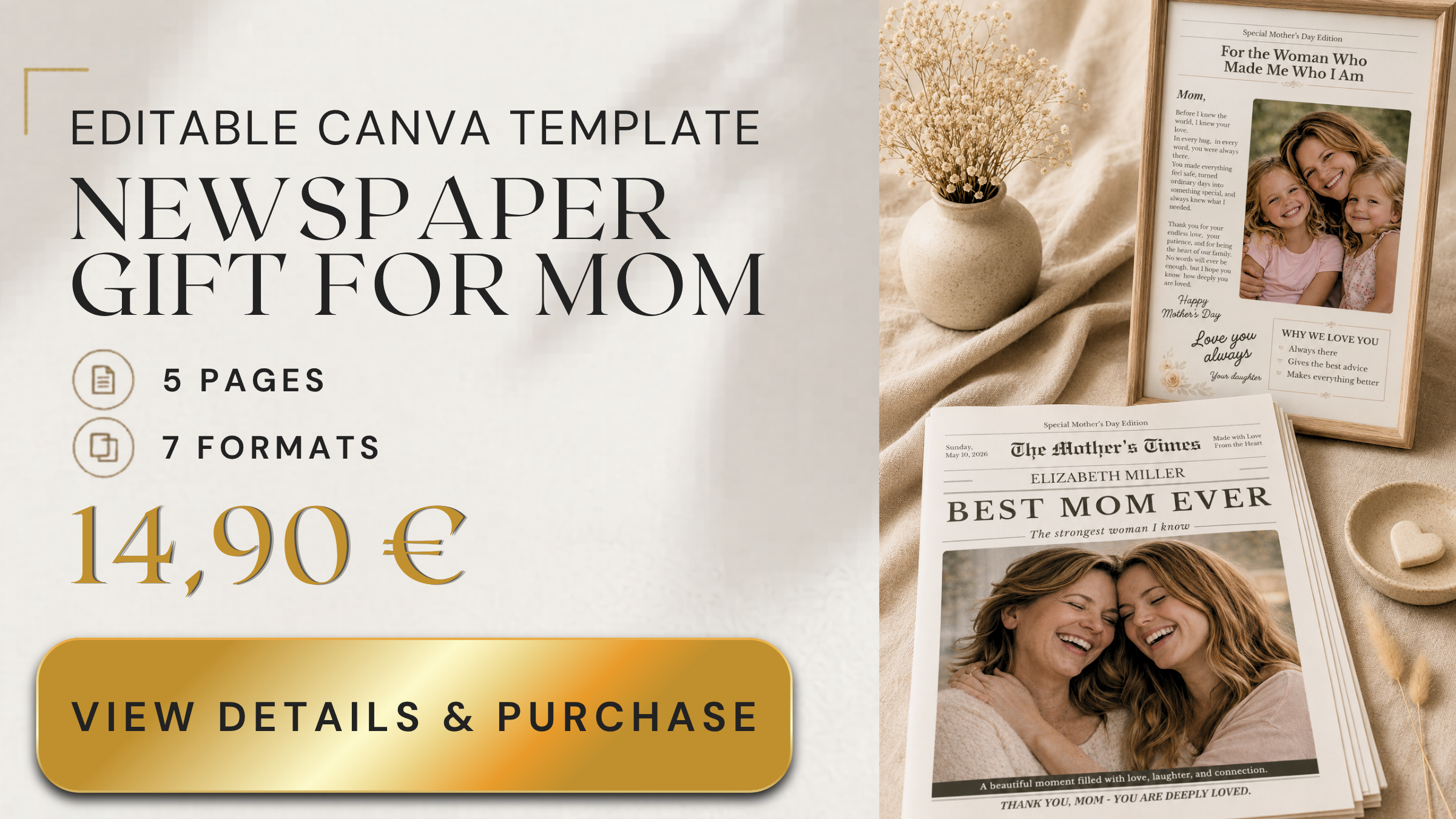Mother's Day Newspaper Canva Template – personalized gift for mom or grandmother